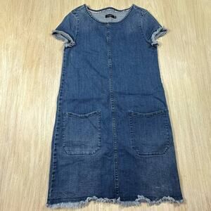 Max Jeans Denim T-Shirt Frayed Hem Casual Shift Chambray Summer Mini Dress XS